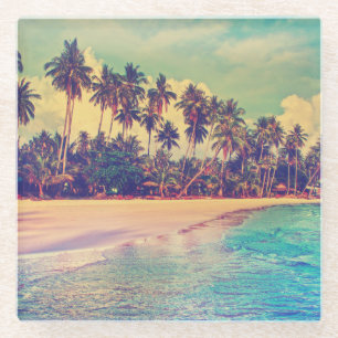Tropical paradise: sea, hotel, beach. glass coaster