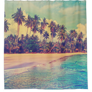 Tropical paradise: sea, hotel, beach. shower curtain