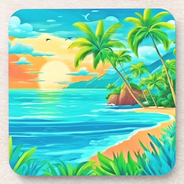 Tropical Paradise Sunset Coastline View Coaster (Front)