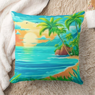 Tropical Paradise Sunset Coastline View Cushion