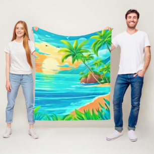 Tropical Paradise Sunset Coastline View Fleece Blanket