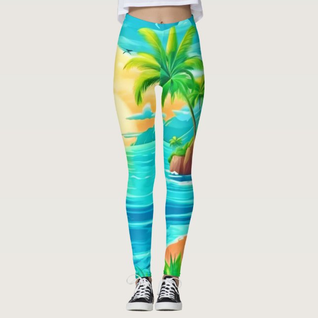 Tropical Paradise Sunset Coastline View Leggings (Front)