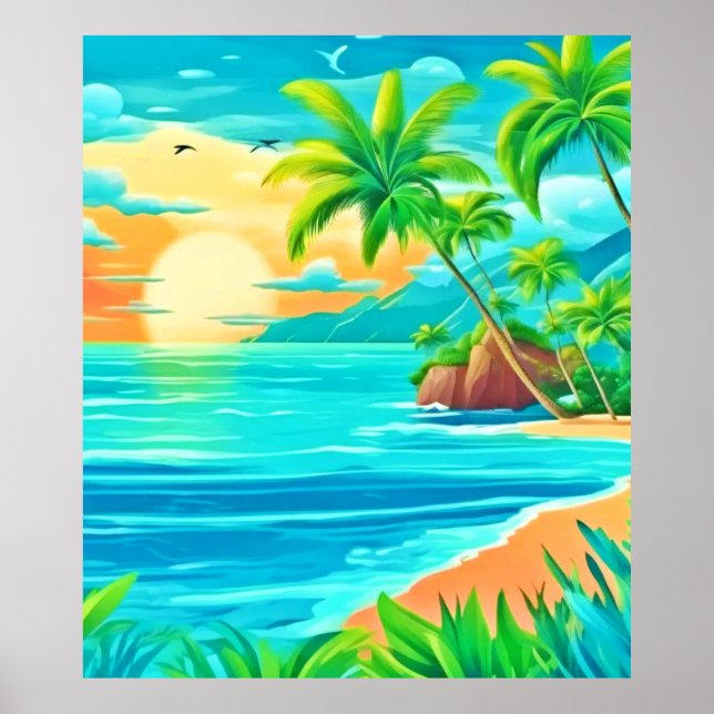 Tropical Paradise Sunset Coastline View Poster (Front)