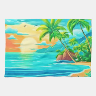 Tropical Paradise Sunset Coastline View Tea Towel