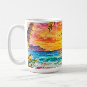 Tropical Paradise Sunset Watercolor Beach Art Coffee Mug
