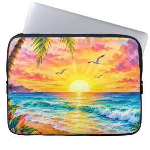 Tropical Paradise Sunset Watercolor Beach Art Laptop Sleeve