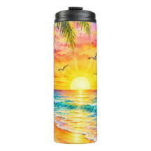 Tropical Paradise Sunset Watercolor Beach Art