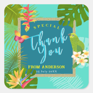Tropical Paradise Thank You Teal Square Sticker