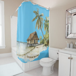 Tropical Paradise Thatched House Beach Shower Curtain