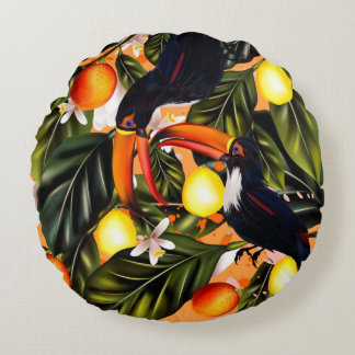 Tropical paradise.Toucans and citrus Round Cushion