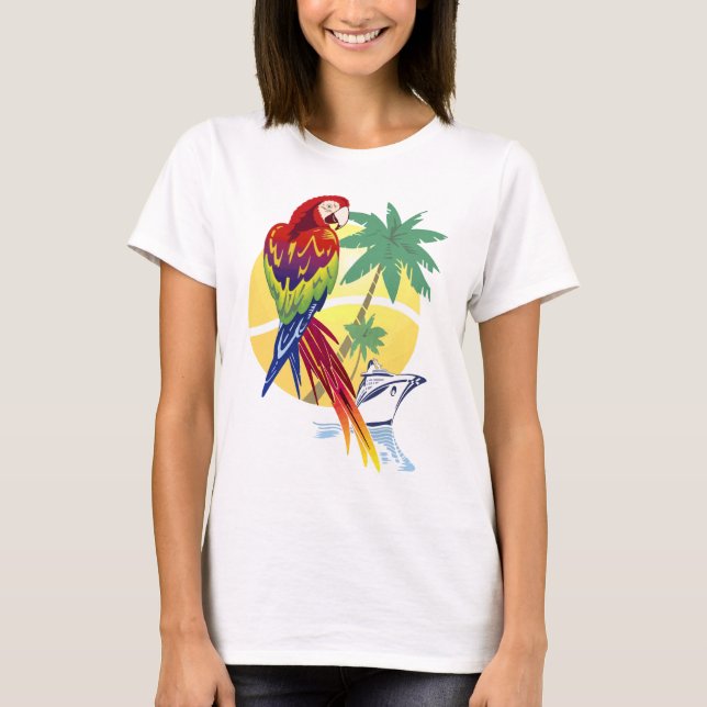 Tropical Paradise with Macaw and Cruise Ship T-Shirt (Front)