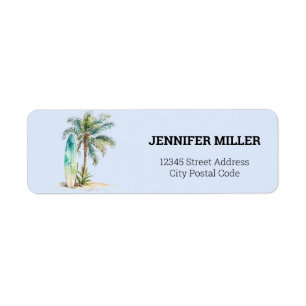 Tropical paradise with palm tree and surfboard