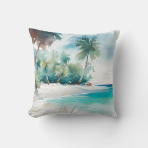 Tropical Paradise with Sandy Beach and Palm Trees  Cushion