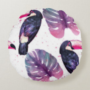 Tropical paradise with watercolor parrots and palm round cushion
