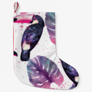 Tropical paradise with watercolor parrots and palm small christmas stocking