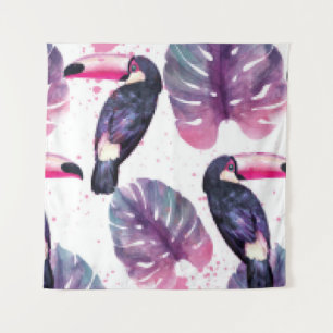 Tropical paradise with watercolor parrots and palm tapestry