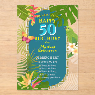 Tropical Paradise yearly 50th  Birthday Teal Acrylic Invitations