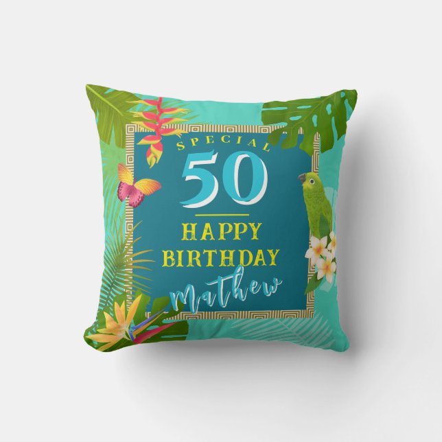 Tropical Paradise Yearly Birthday Teal Cushion (Front)