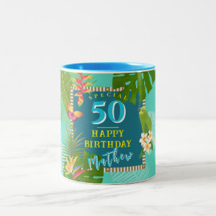 Tropical Paradise Yearly Birthday Teal Two-Tone Coffee Mug