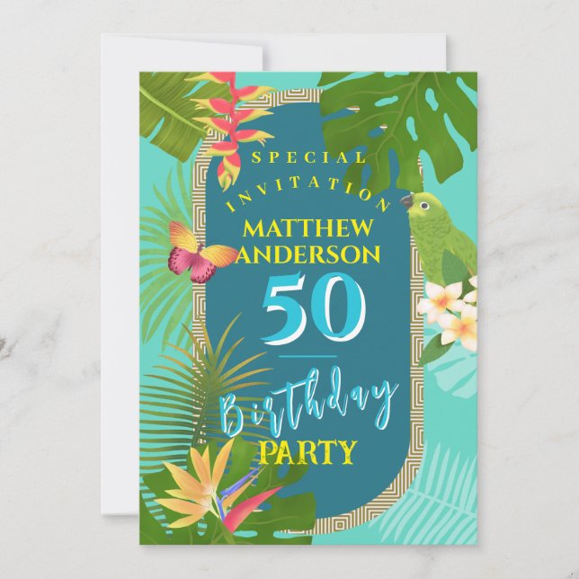 Tropical Paradise Yearly Teal Birthday Invitation (Front)