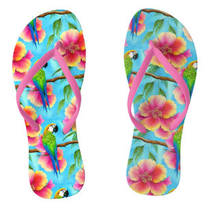 Tropical Parrot and Flower Pattern  Flip Flops