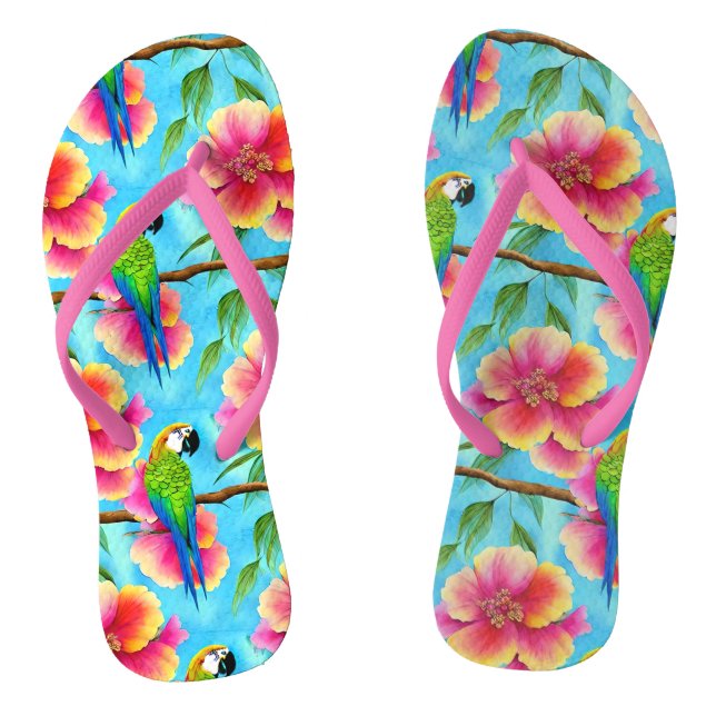 Tropical Parrot and Flower Pattern  Flip Flops (Footbed)