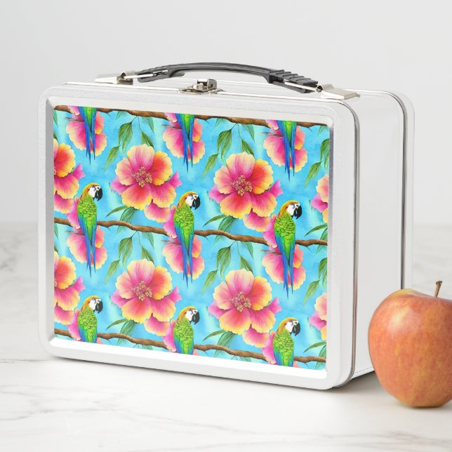 Tropical Parrot and Flower Pattern  Metal Lunch Box (In Situ)
