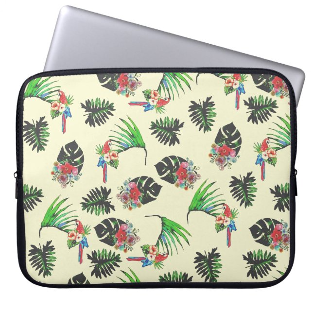 Tropical Parrot and Leaves Watercolor Pattern  Laptop Sleeve (Front)