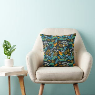 Tropical Parrot Birds & Colourful Leaves Pattern Cushion