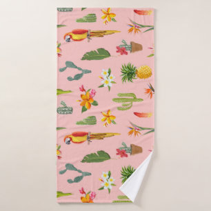 Tropical Parrot, Cactus Vintage Pattern. Bath Towel