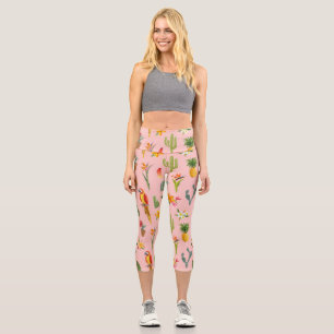 Tropical Parrot, Cactus Vintage Pattern. Capri Leggings