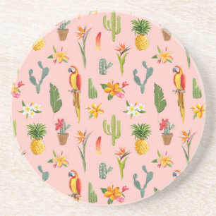 Tropical Parrot, Cactus Vintage Pattern. Coaster