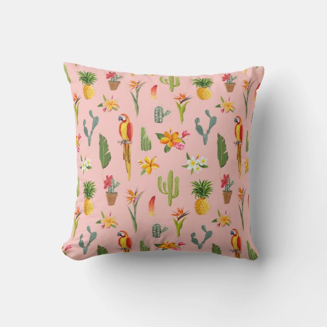 Tropical Parrot, Cactus Vintage Pattern. Cushion (Front)