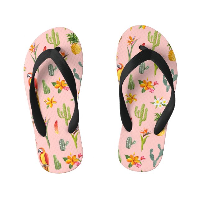 Tropical Parrot, Cactus Vintage Pattern. Kid's Flip Flops (Footbed)