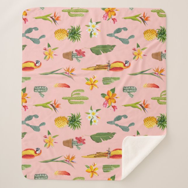 Tropical Parrot, Cactus Vintage Pattern. Sherpa Blanket (Front)