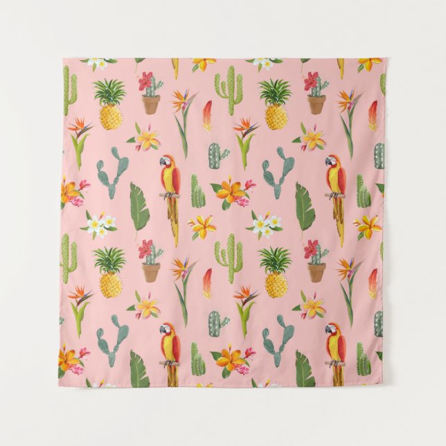 Tropical Parrot, Cactus Vintage Pattern. Tapestry (Front)