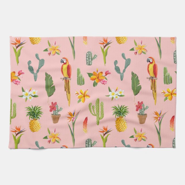Tropical Parrot, Cactus Vintage Pattern. Tea Towel (Horizontal)