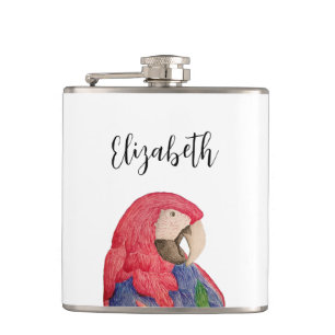 Tropical Parrot Colourful Macaw Drawing Hip Flask