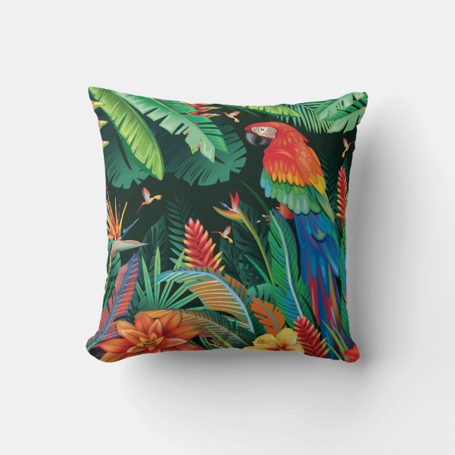 Tropical Parrot: Exotic Floral Background. Cushion (Front)