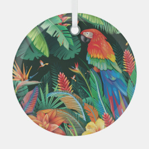 Tropical Parrot: Exotic Floral Background. Glass Tree Decoration