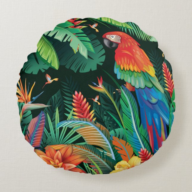 Tropical Parrot: Exotic Floral Background. Round Cushion (Front)