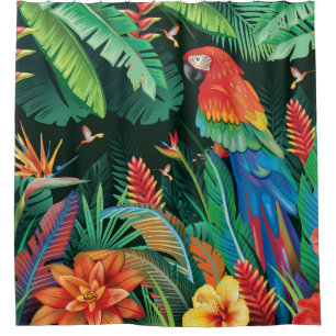 Tropical Parrot: Exotic Floral Background. Shower Curtain