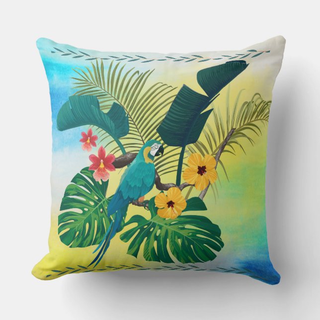 Tropical Parrot, Florals Leaves Throw Pillow (Front)