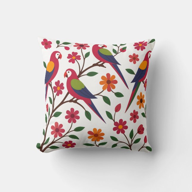 Tropical Parrot Garden Illustration Cushion (Front)