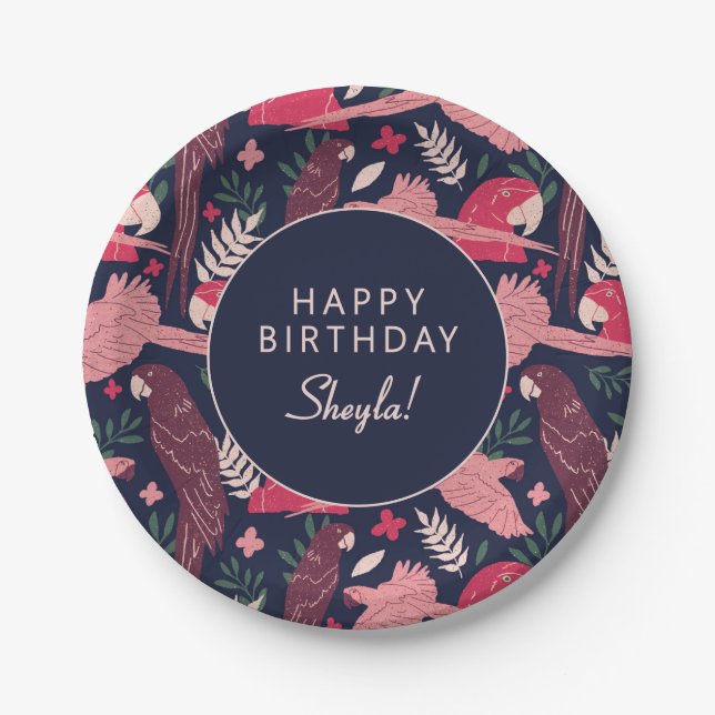 Tropical Parrot Happy Birthday Party Custom  Paper Plate (Front)
