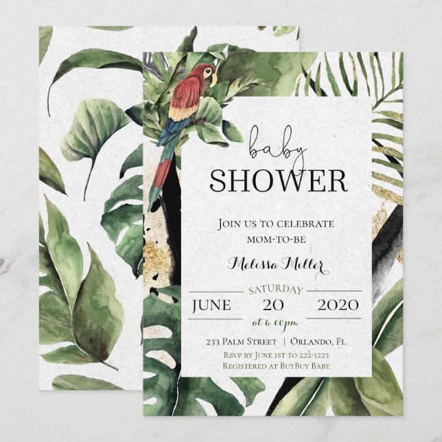 Tropical Parrot Jungle Baby Shower Invitation (Front/Back)