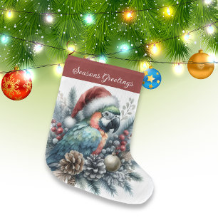 Tropical Parrot Seasons Greetings Christmas  Large Christmas Stocking
