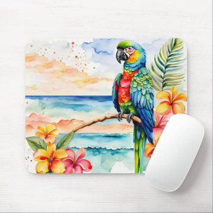 Tropical Parrot With Flowers Mouse Mat