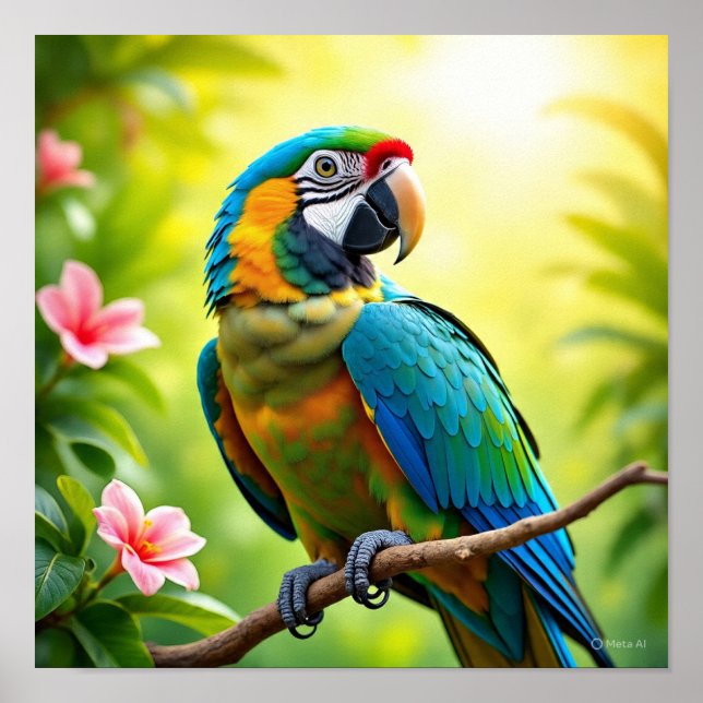 Tropical Parrot with Flowers Poster (Front)