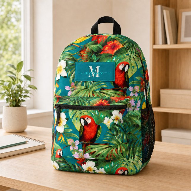 Tropical Parrots and Flowers Custom Monogram Name  Printed Backpack (Tropical Birds and Flowers Custom Monogram Name Printed Backpack)